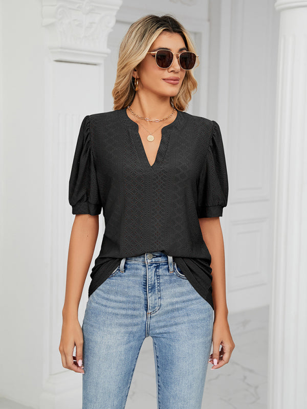 Women's knitted casual V-neck solid color hollow puff sleeve loose T-shirt