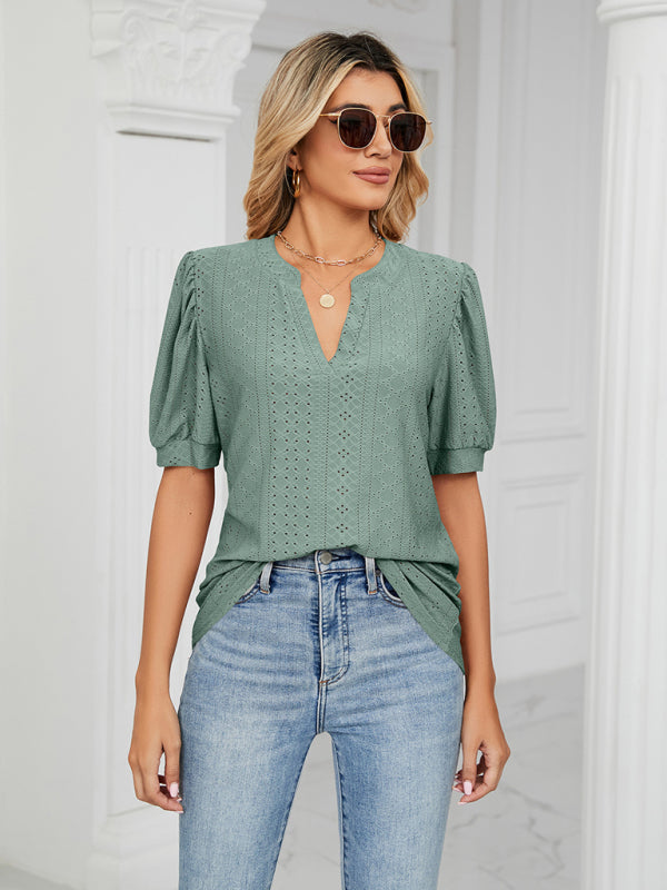 Women's knitted casual V-neck solid color hollow puff sleeve loose T-shirt