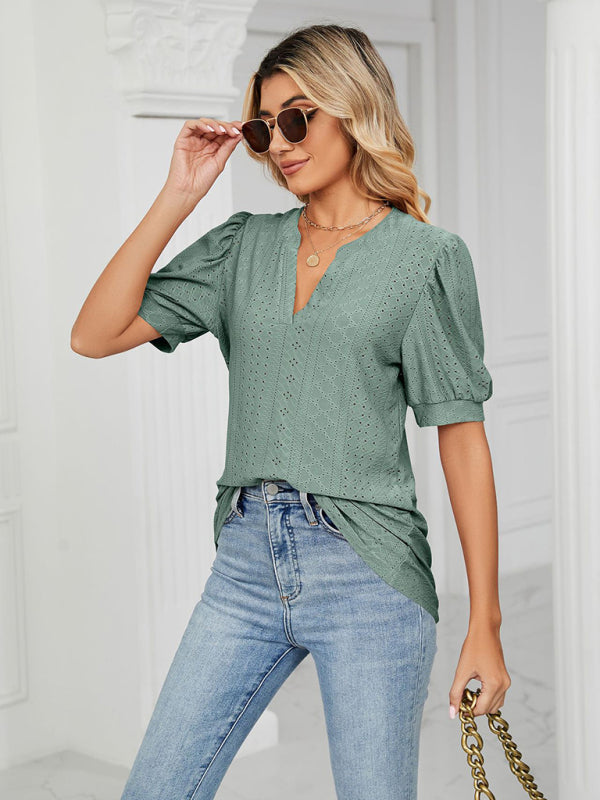 Women's knitted casual V-neck solid color hollow puff sleeve loose T-shirt