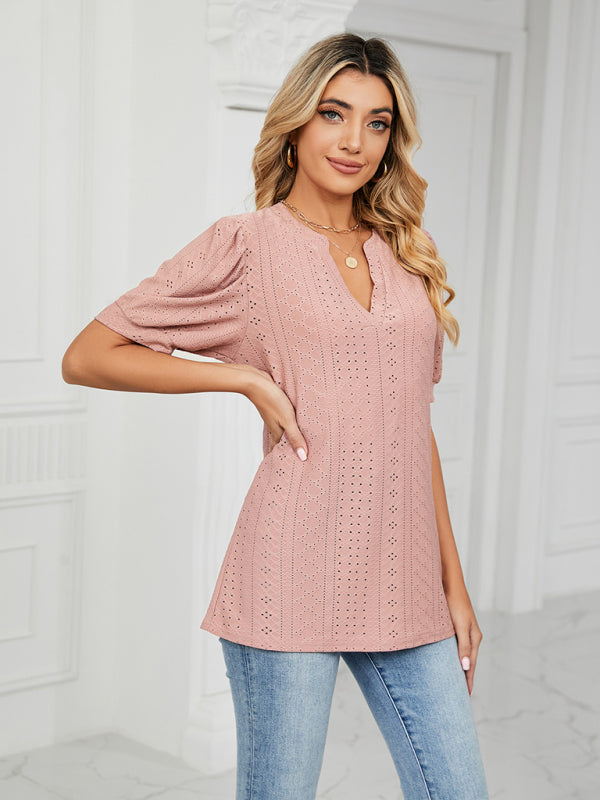 Women's knitted casual V-neck solid color hollow puff sleeve loose T-shirt