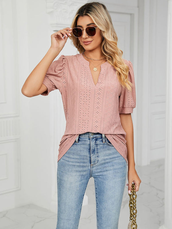 Women's knitted casual V-neck solid color hollow puff sleeve loose T-shirt