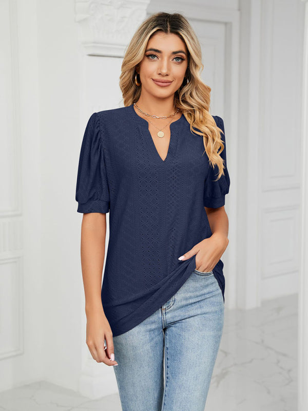 Women's knitted casual V-neck solid color hollow puff sleeve loose T-shirt