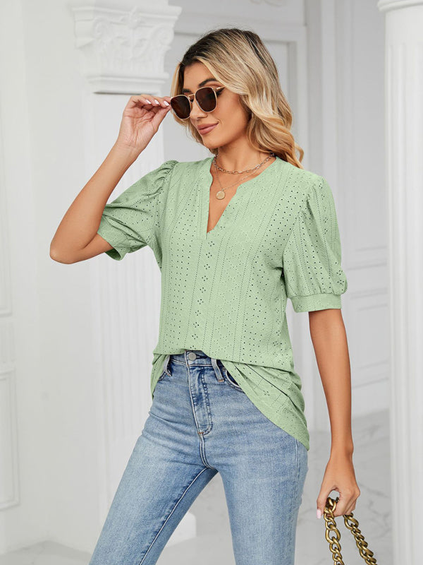 Women's knitted casual V-neck solid color hollow puff sleeve loose T-shirt