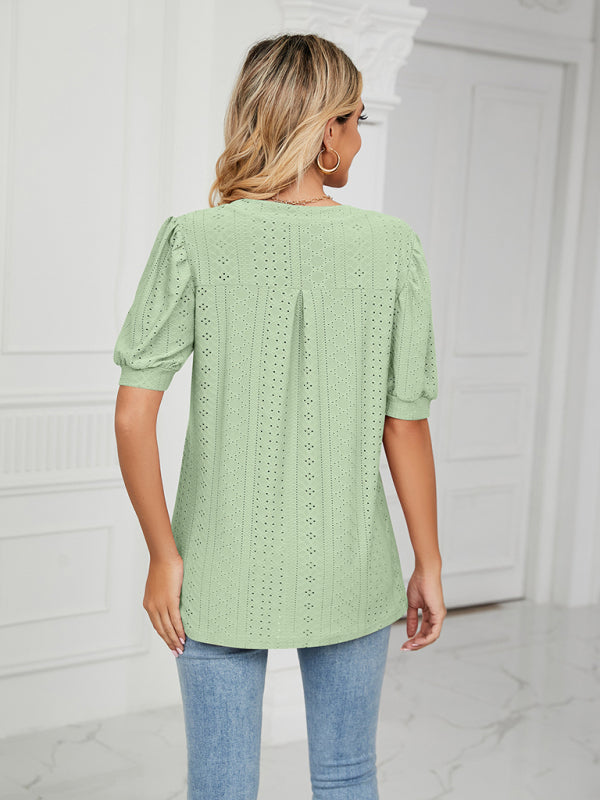 Women's knitted casual V-neck solid color hollow puff sleeve loose T-shirt