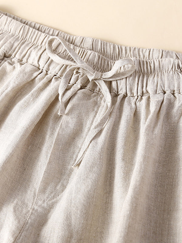 Women's woven cotton linen hollow lace loose shorts