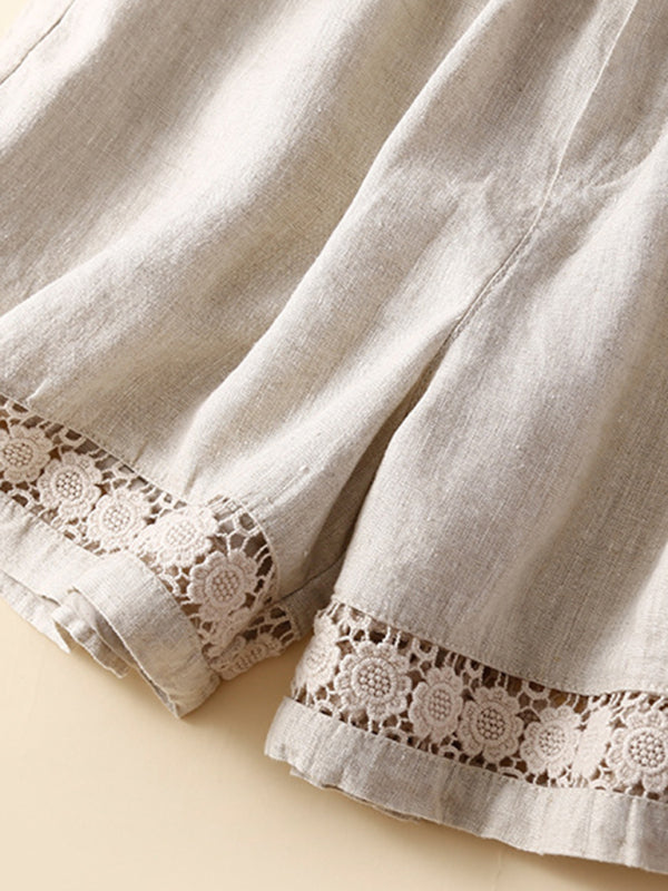Women's woven cotton linen hollow lace loose shorts