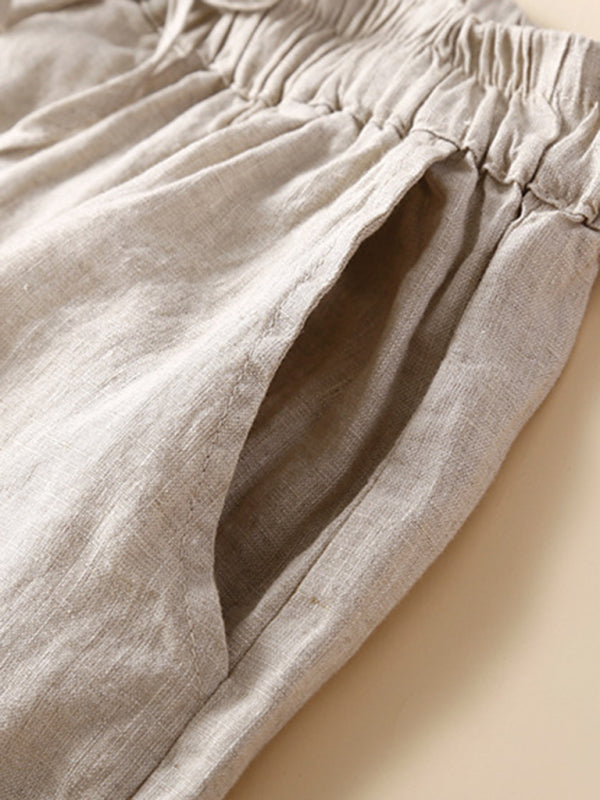 Women's woven cotton linen hollow lace loose shorts