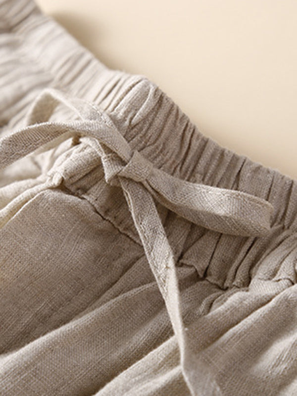 Women's woven cotton linen hollow lace loose shorts
