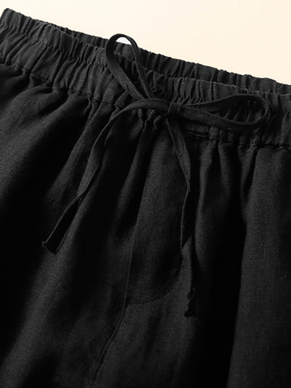 Women's woven cotton linen hollow lace loose shorts