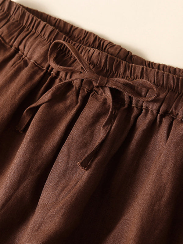 Women's woven cotton linen hollow lace loose shorts