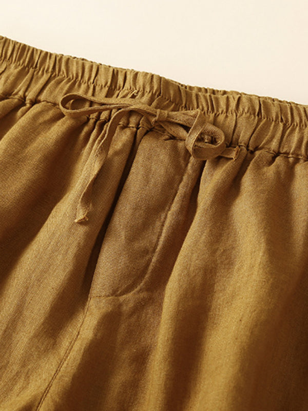 Women's woven cotton linen hollow lace loose shorts