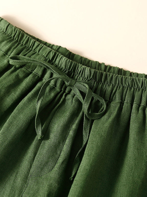 Women's woven cotton linen hollow lace loose shorts