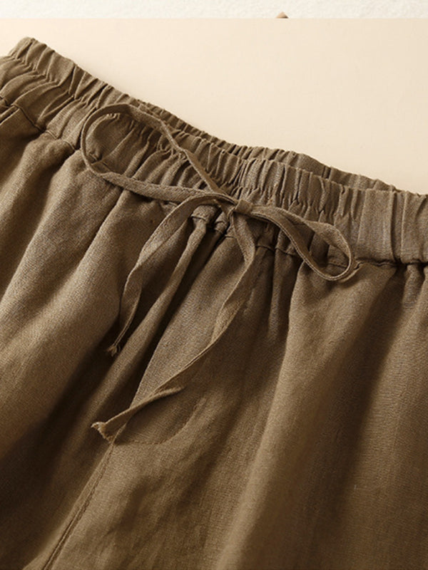 Women's woven cotton linen hollow lace loose shorts