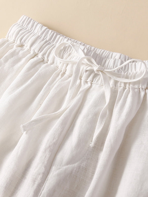 Women's woven cotton linen hollow lace loose shorts
