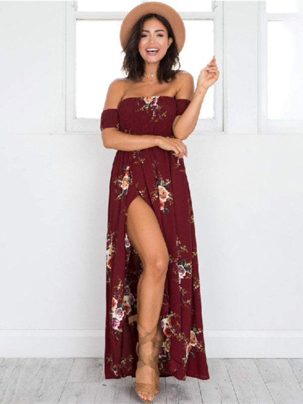 Women's Floral Print Smocked Off-the-shoulder Maxi Dress