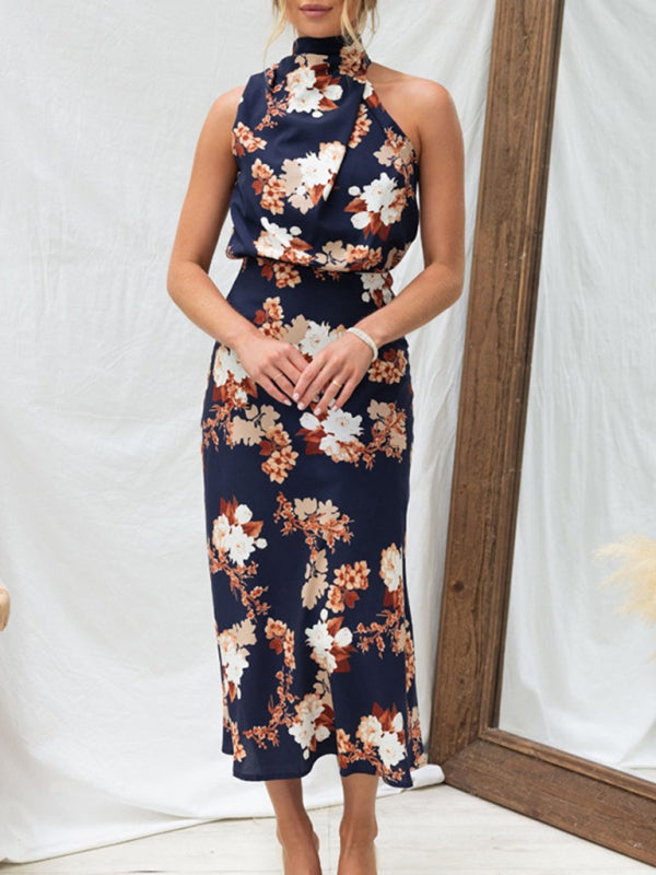 Women's Floral Print Halter Neck Midi Dress