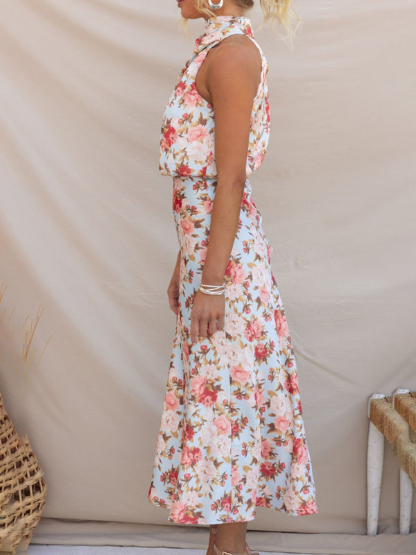 Women's Floral Print Halter Neck Midi Dress
