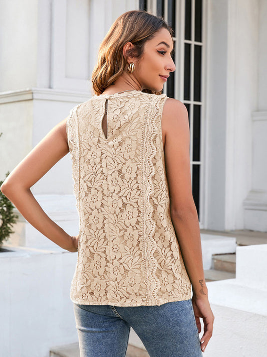 Women's Solid Color V-Neck Lace Sleeveless Top