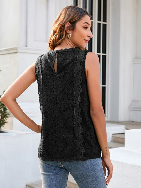 Women's Solid Color V-Neck Lace Sleeveless Top