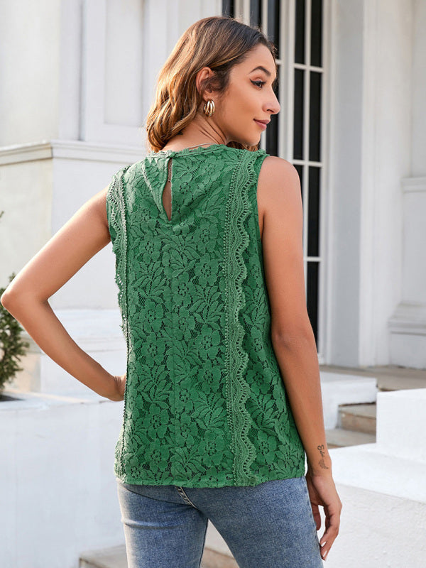 Women's Solid Color V-Neck Lace Sleeveless Top