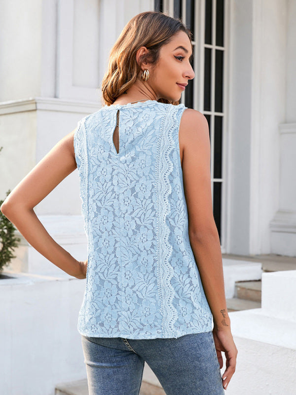 Women's Solid Color V-Neck Lace Sleeveless Top