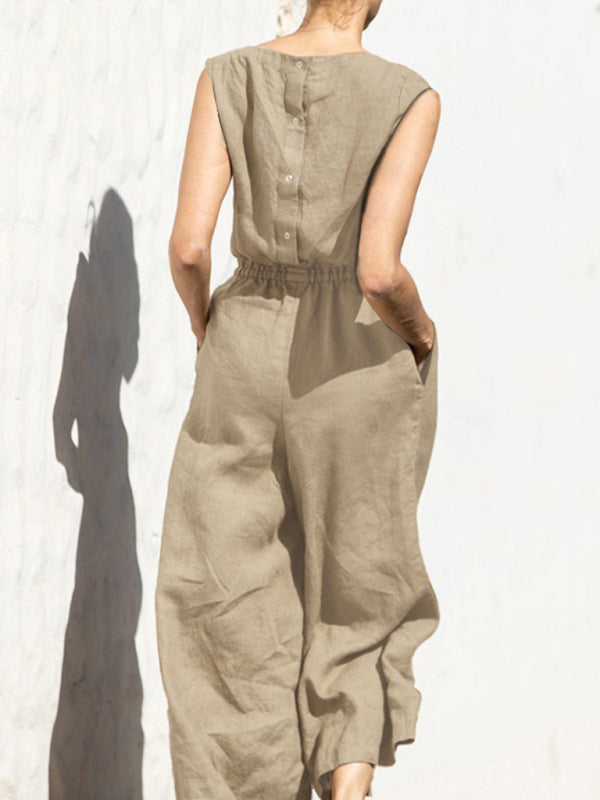 Solid color high waist sleeveless trousers women's fashion casual loose-fitting temperament jumpsuit