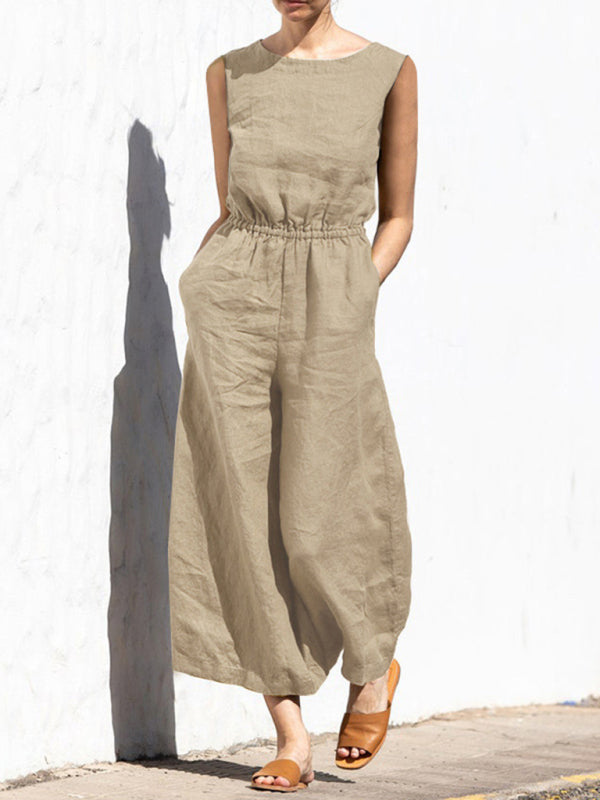Solid color high waist sleeveless trousers women's fashion casual loose-fitting temperament jumpsuit