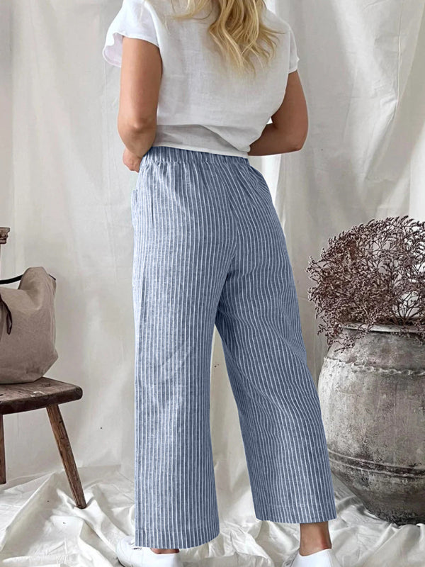Women's Cotton Linen Loose Fashion Casual Striped Straight Leg Pants