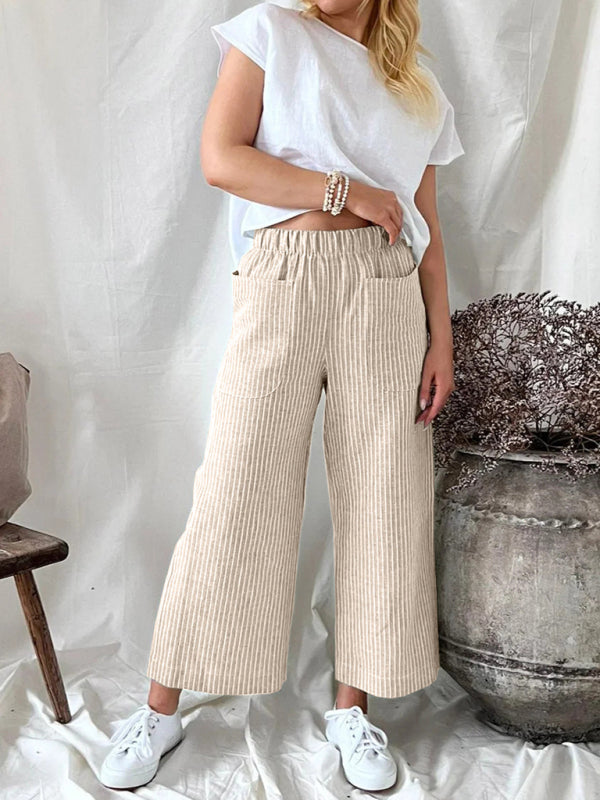 Women's Cotton Linen Loose Fashion Casual Striped Straight Leg Pants