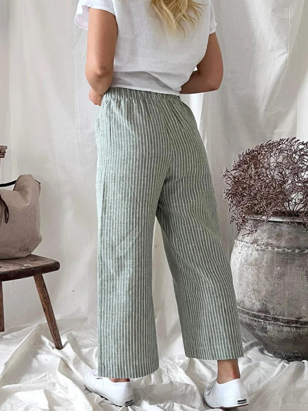 Women's Cotton Linen Loose Fashion Casual Striped Straight Leg Pants
