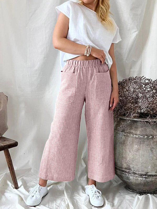 Women's Cotton Linen Loose Fashion Casual Striped Straight Leg Pants