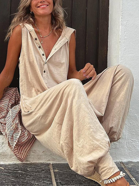 Women's Solid Color Button Hooded Sleeveless Trousers Jumpsuit
