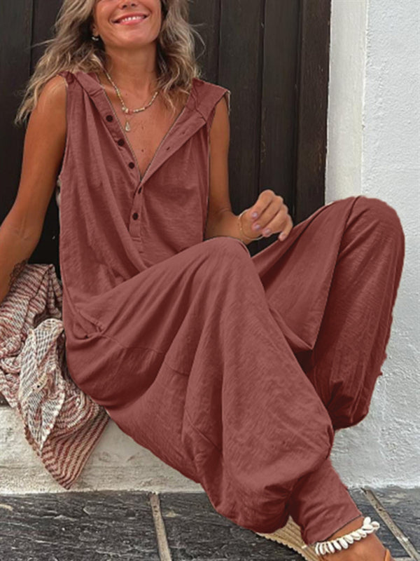Women's Solid Color Button Hooded Sleeveless Trousers Jumpsuit