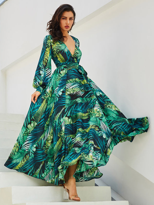 Women's Lantern Sleeve V Neck Tie Leaf Print Swing Dress