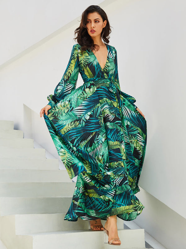 Women's Lantern Sleeve V Neck Tie Leaf Print Swing Dress