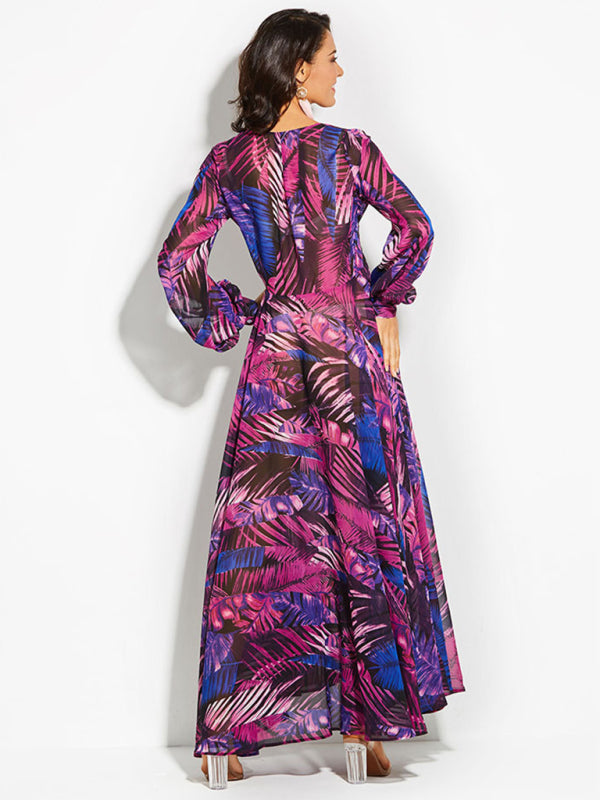 Women's Lantern Sleeve V Neck Tie Leaf Print Swing Dress