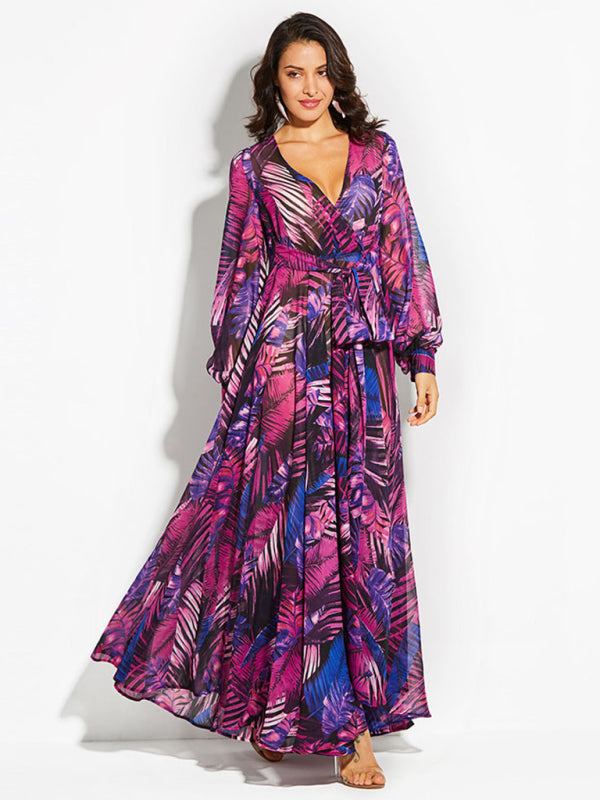 Women's Lantern Sleeve V Neck Tie Leaf Print Swing Dress