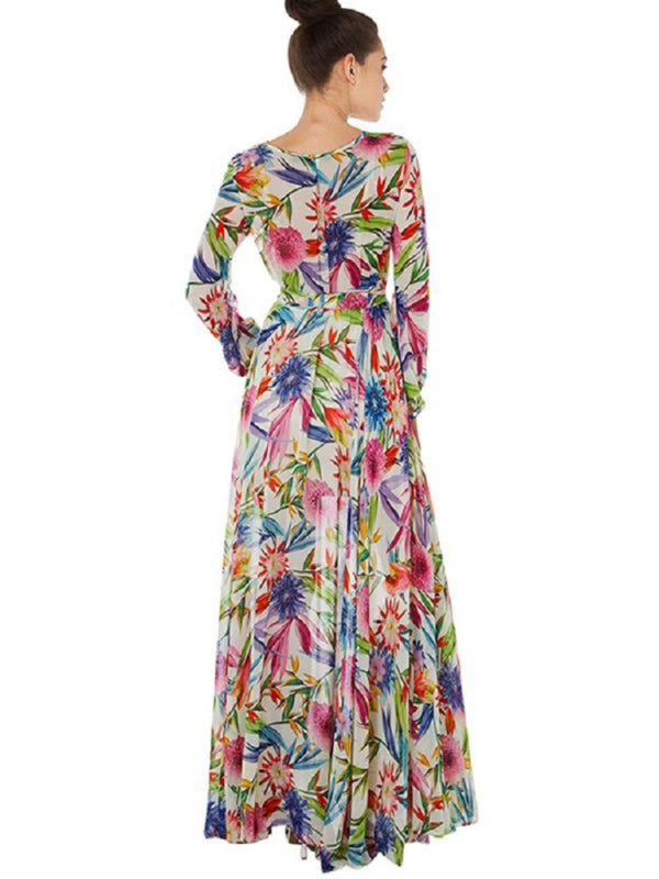 Women's Lantern Sleeve V Neck Tie Leaf Print Swing Dress