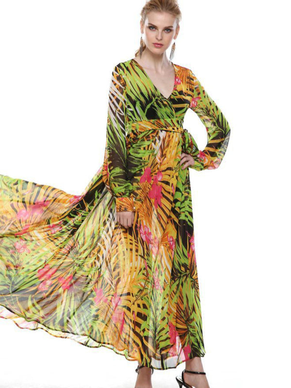 Women's Lantern Sleeve V Neck Tie Leaf Print Swing Dress