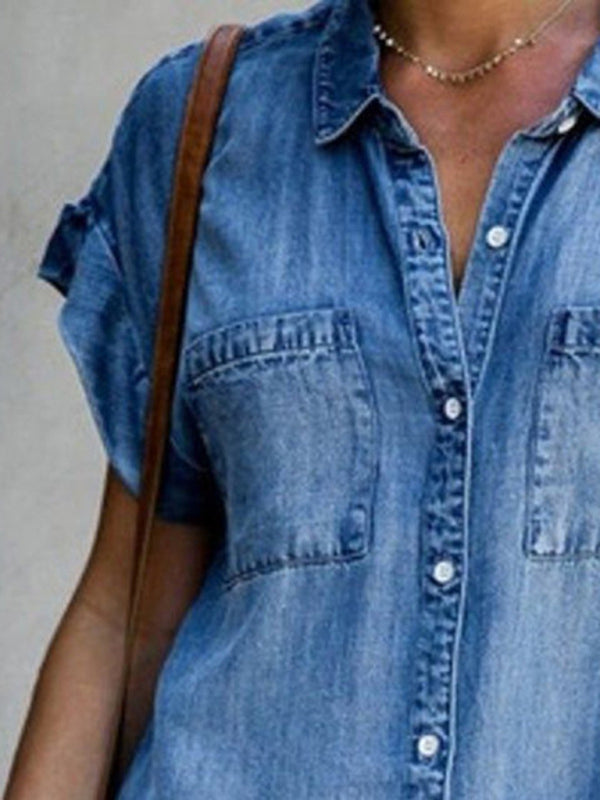 Casual Short-sleeve blue slim-fit denim midi dress