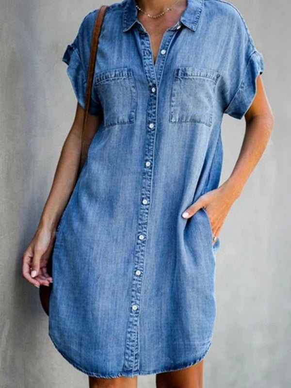 Casual Short-sleeve blue slim-fit denim midi dress