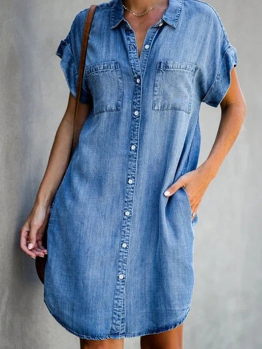 Casual Short-sleeve blue slim-fit denim midi dress