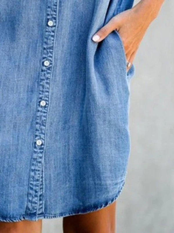 Casual Short-sleeve blue slim-fit denim midi dress