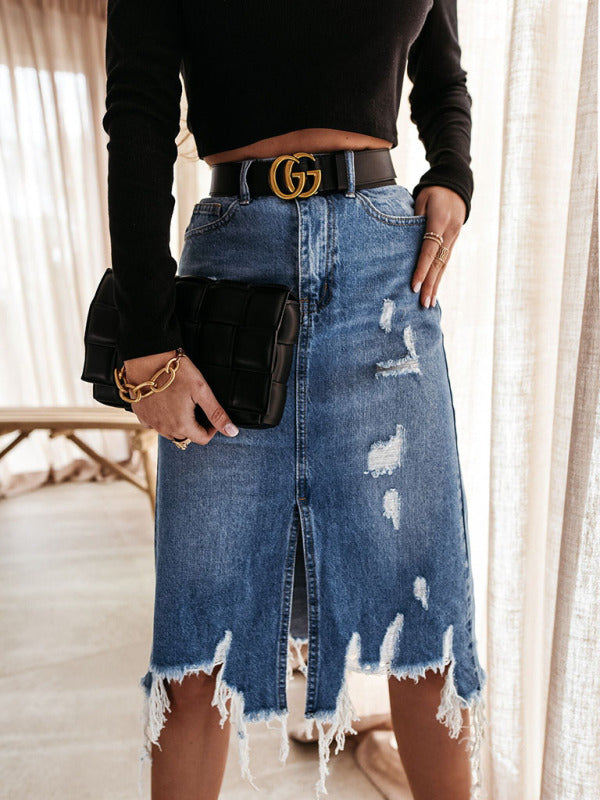 Women's Casual Washed Irregular Ripped Fringed Denim Skirt
