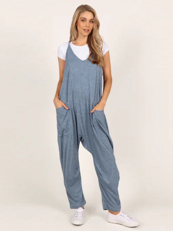Oversized knit two-pocket fit oversized jumpsuit blue