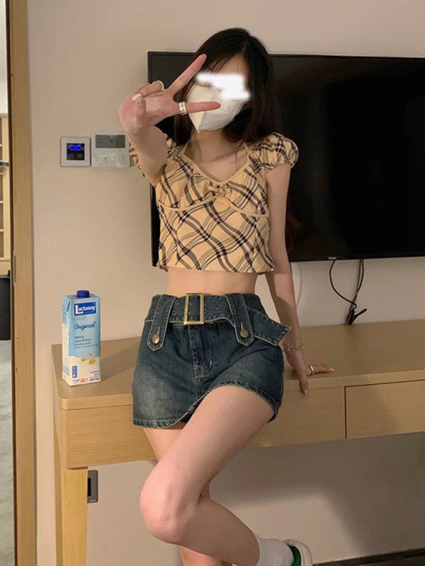 Y2K washed denim high waist slim skirt