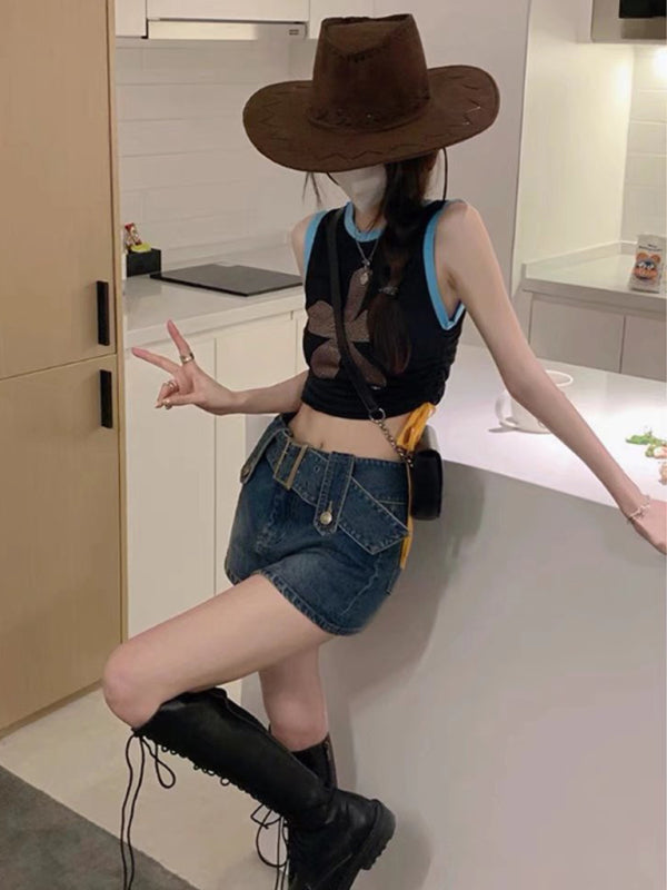 Y2K washed denim high waist slim skirt