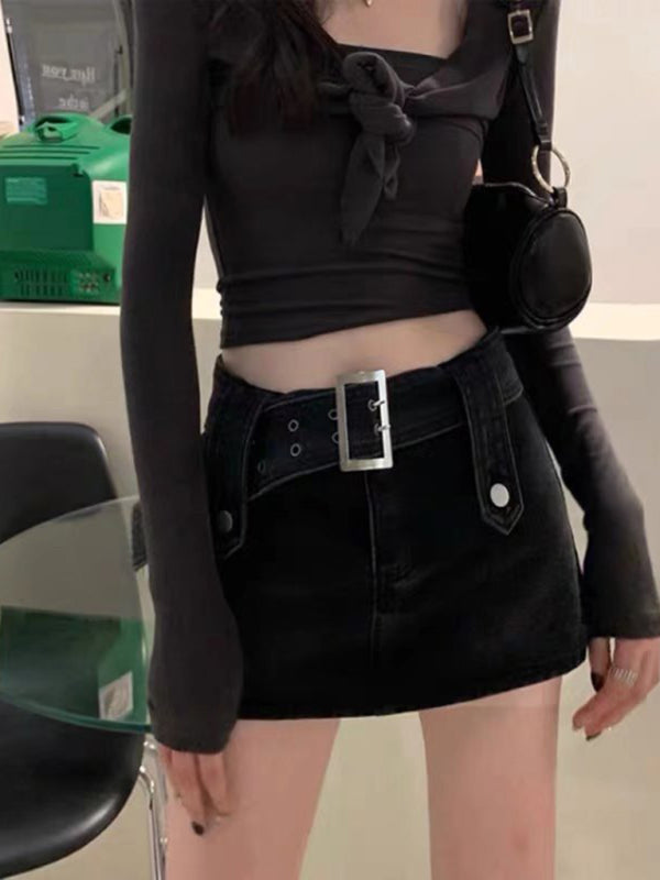Y2K washed denim high waist slim skirt