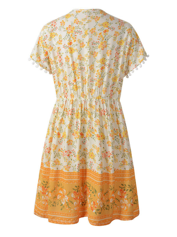 Women's Woven V Neck Bohemian Print Short Sleeve Dress