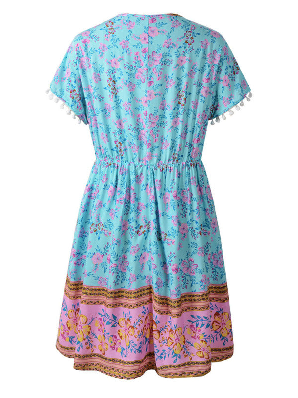Women's Woven V Neck Bohemian Print Short Sleeve Dress